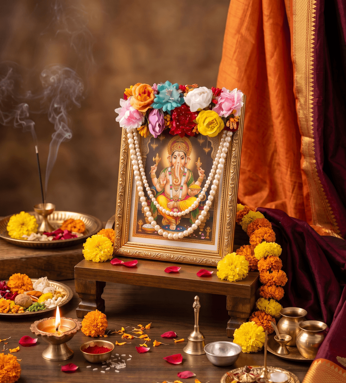 Artificial Floral & Pearl Mala Vastra Garland for God Photo Frames — image 2