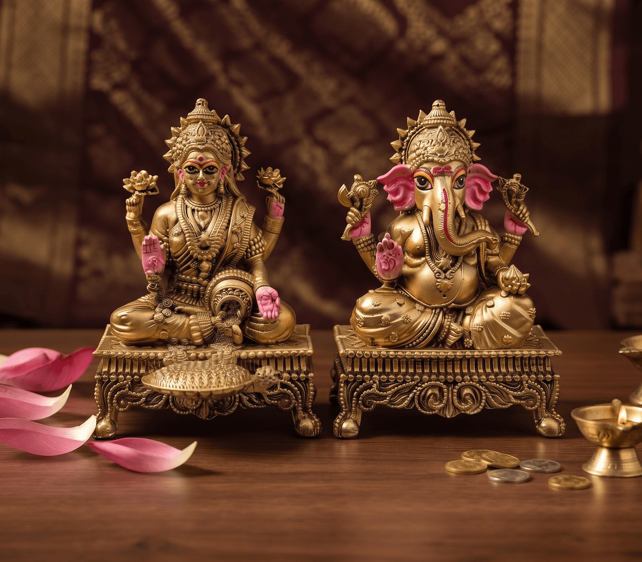 5 Inch Superfine Laxmi Ganesh Brass Idol Set with Carved Chowki Base