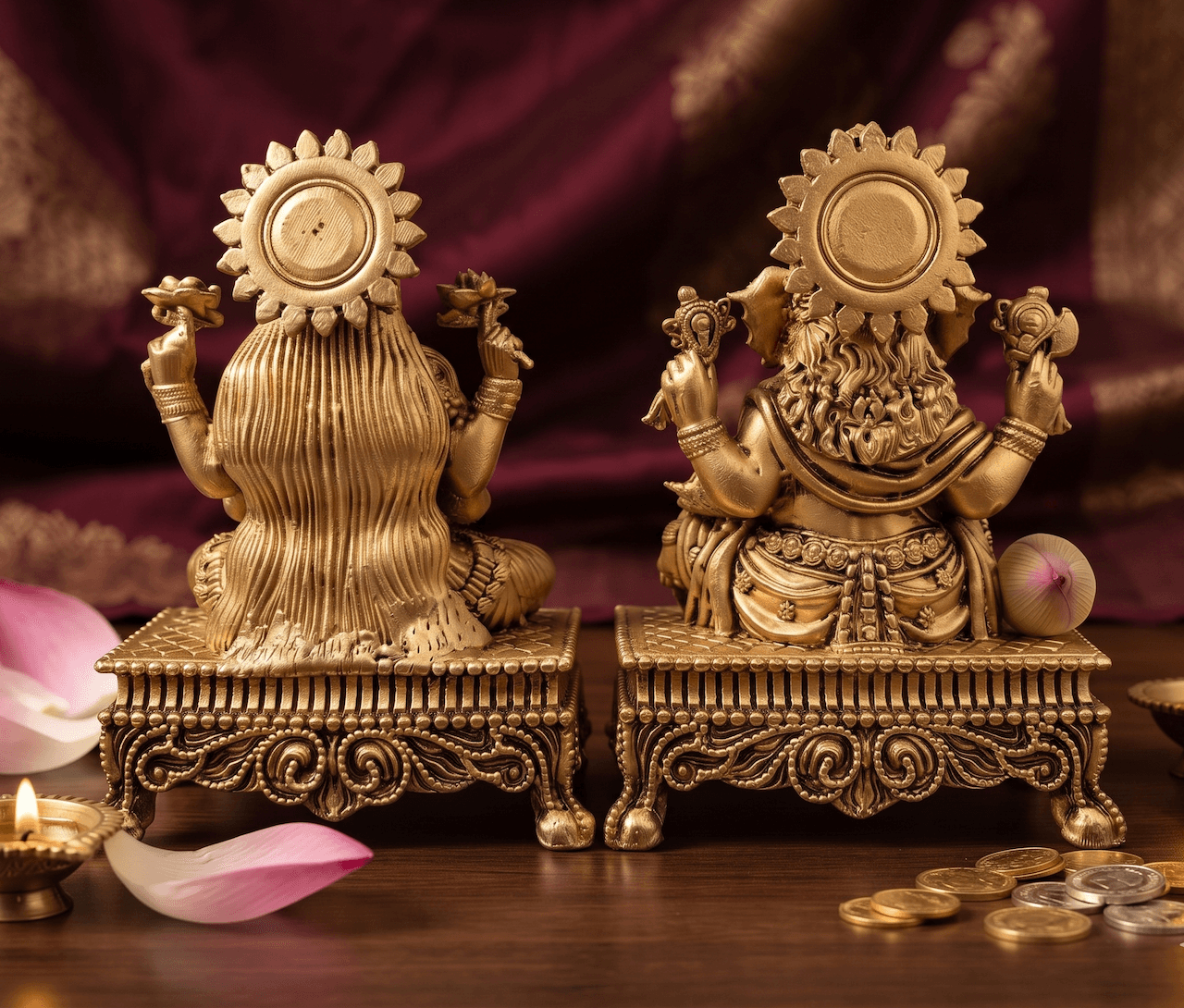 5 Inch Superfine Laxmi Ganesh Brass Idol Set with Carved Chowki Base — image 2