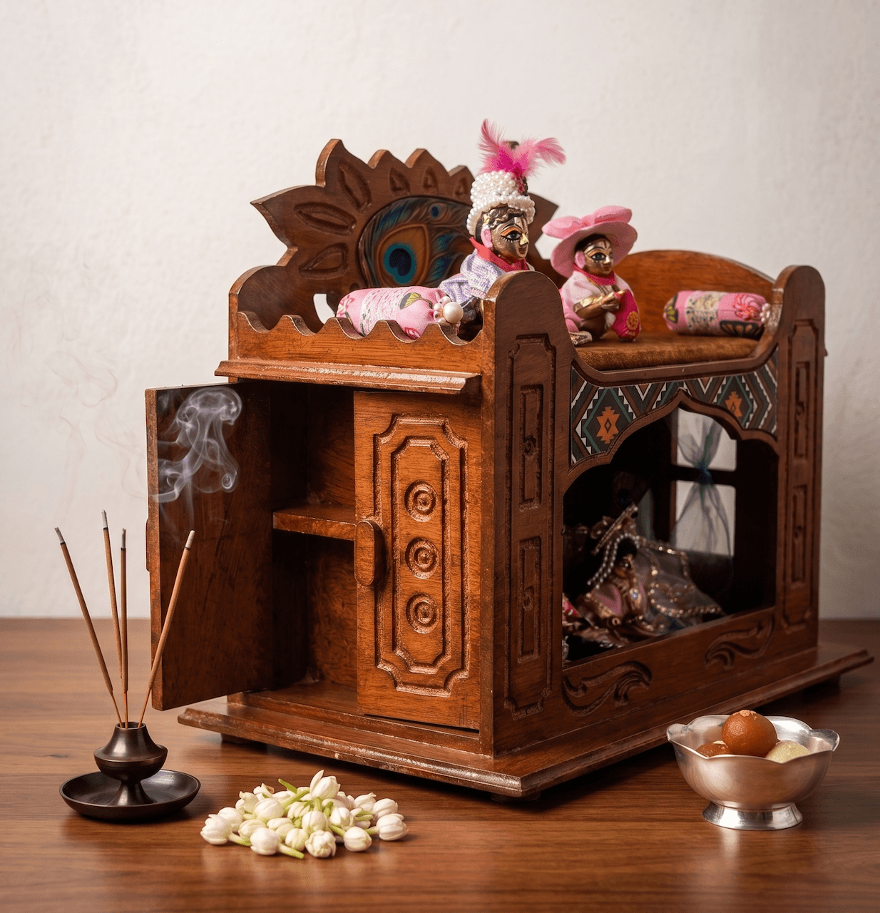 Handcrafted 2-Tier Wooden Temple Singhasan/ Mini Haveli with Carved Peacock Feather Crown for Laddu Gopal & Radha Rani — image 3