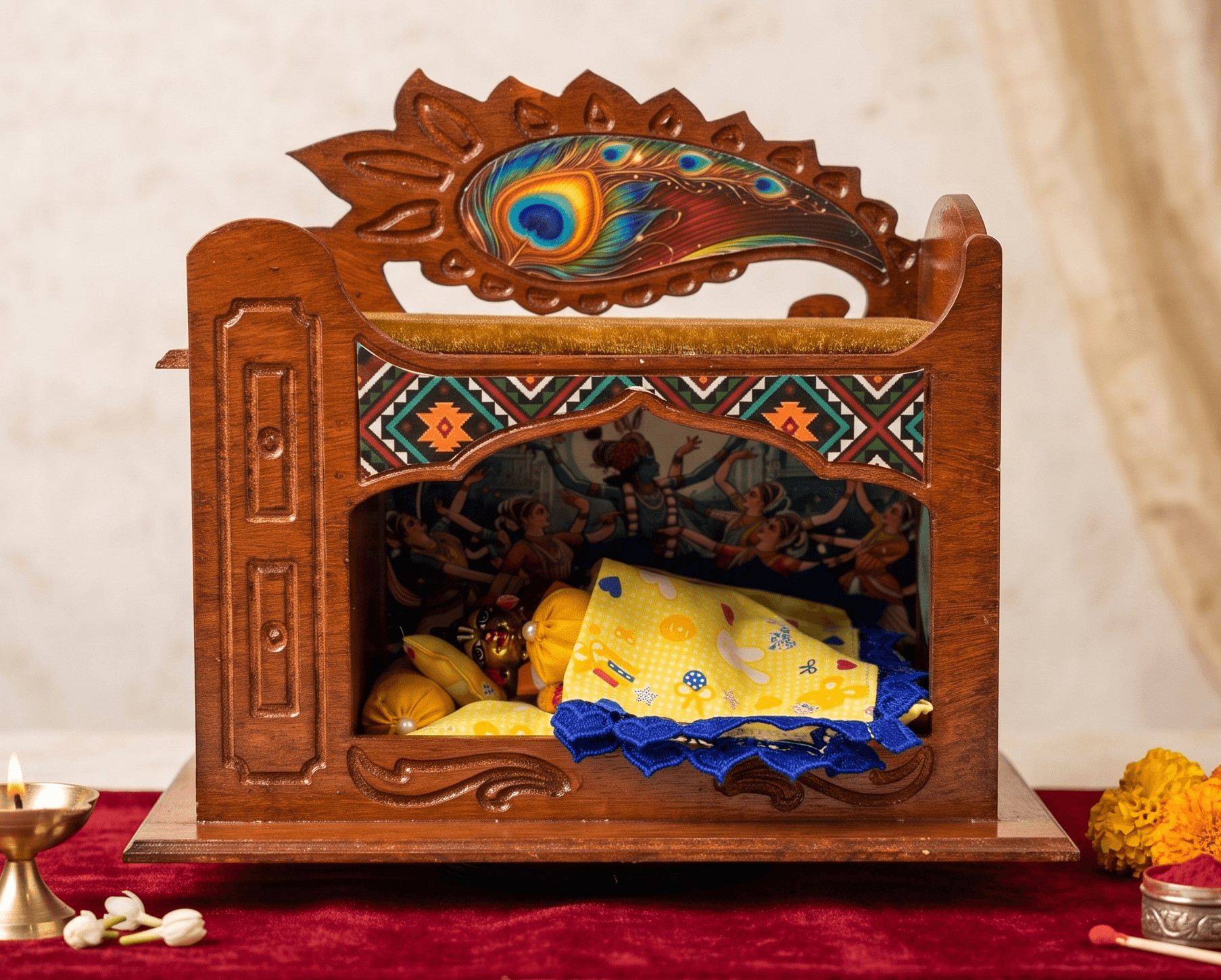 Handcrafted 2-Tier Wooden Temple Singhasan/ Mini Haveli with Carved Peacock Feather Crown for Laddu Gopal & Radha Rani — image 4