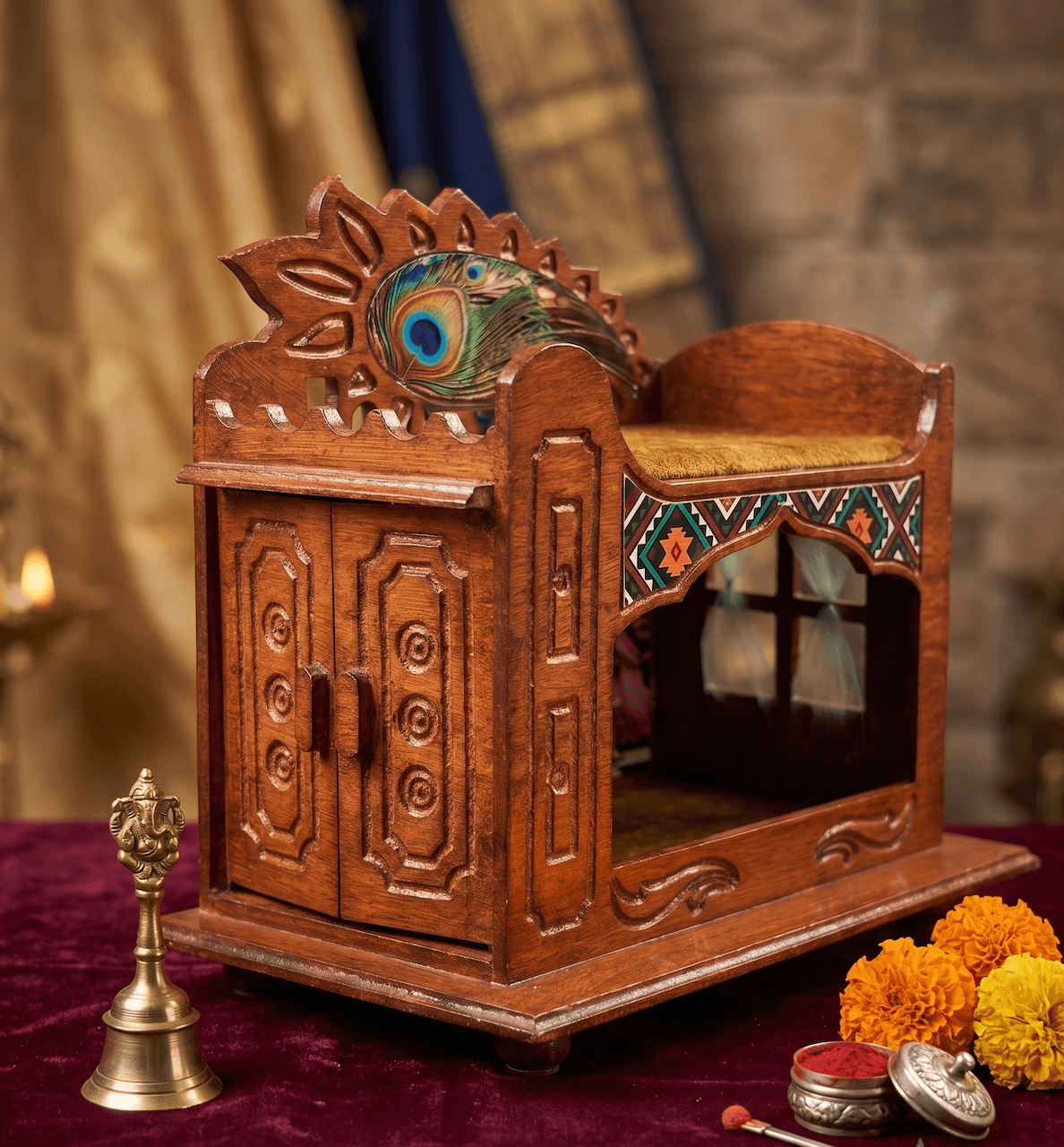 Handcrafted 2-Tier Wooden Temple Singhasan/ Mini Haveli with Carved Peacock Feather Crown for Laddu Gopal & Radha Rani — image 2