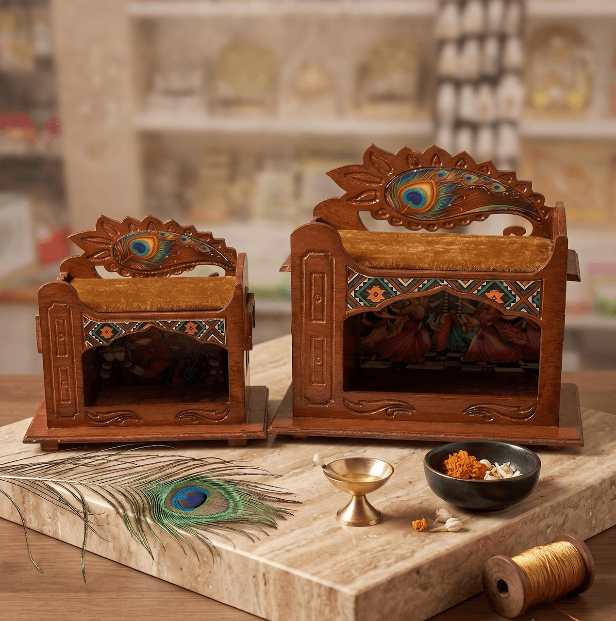Handcrafted 2-Tier Wooden Temple Singhasan/ Mini Haveli with Carved Peacock Feather Crown for Laddu Gopal & Radha Rani — image 5