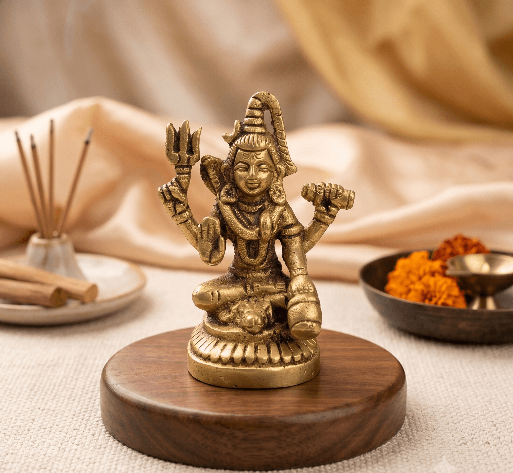 Handcrafted Ashtadhatu Brass Lord Shiva Idol with Trishul on Tiger Skin Base for Home Mandir