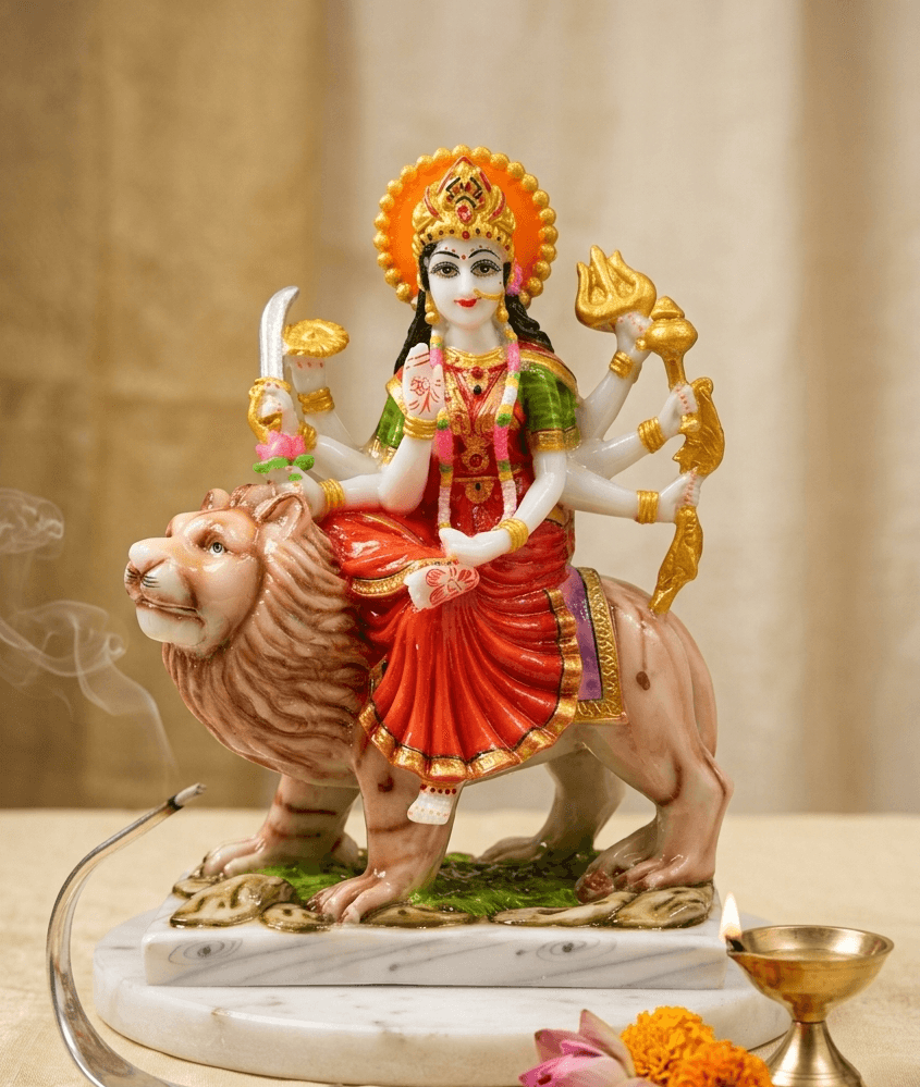 11-Inch Hand-Painted Marble Dust Maa Durga Statue on Lion