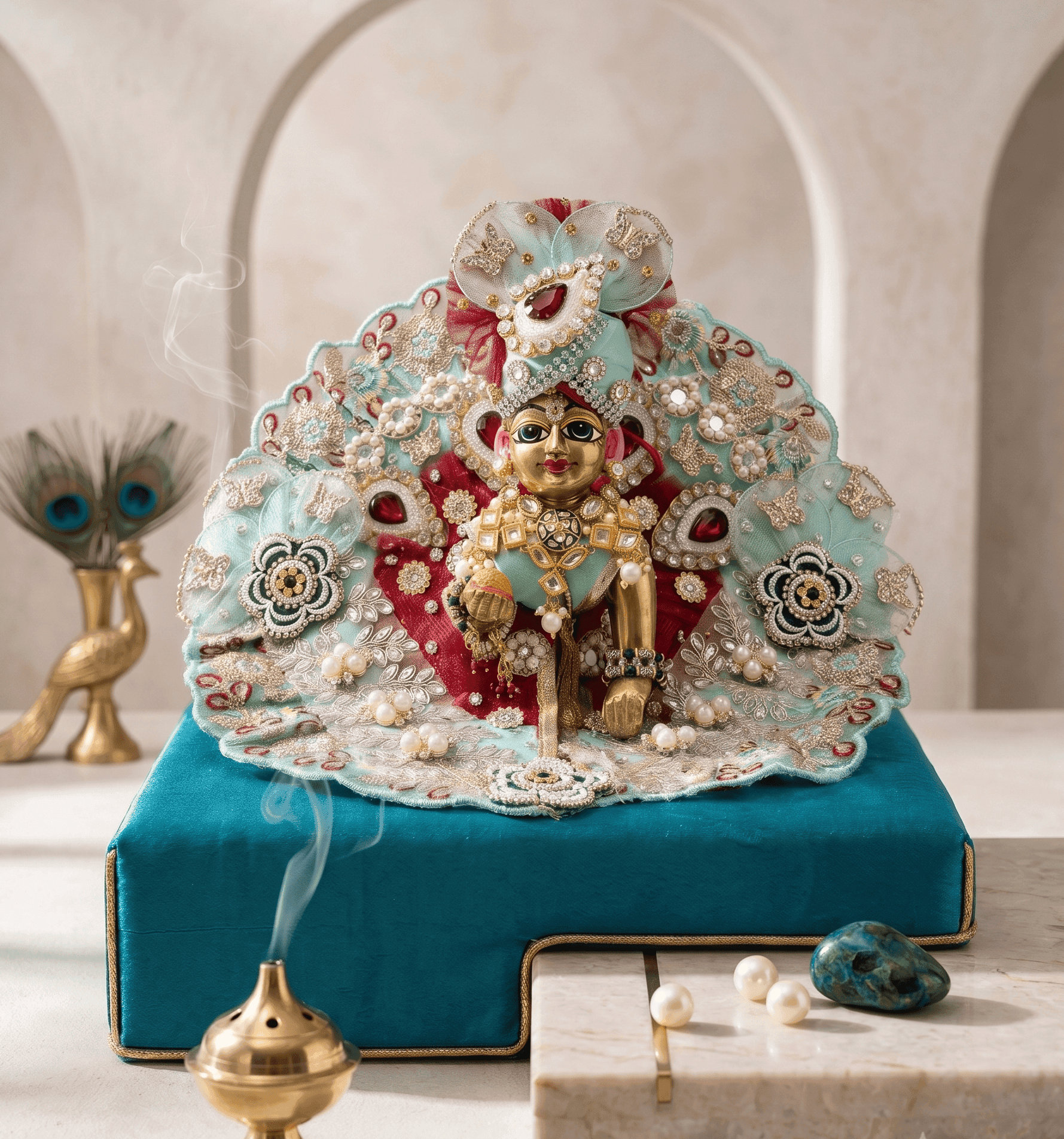 Mint Green & Crimson Net Embroidered Deity Dress Set with Pearl Crown — image 1