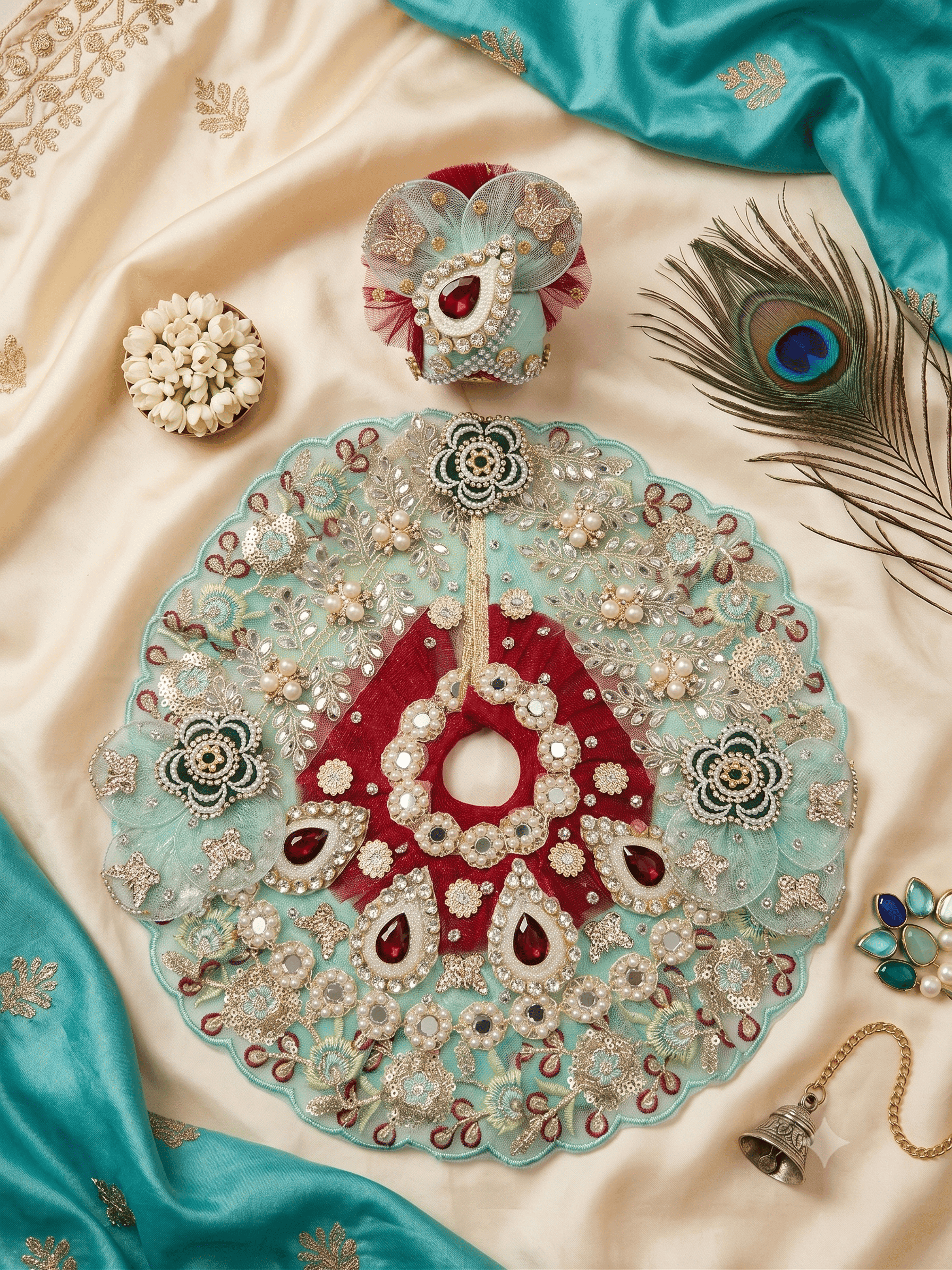 Mint Green & Crimson Net Embroidered Deity Dress Set with Pearl Crown — image 2