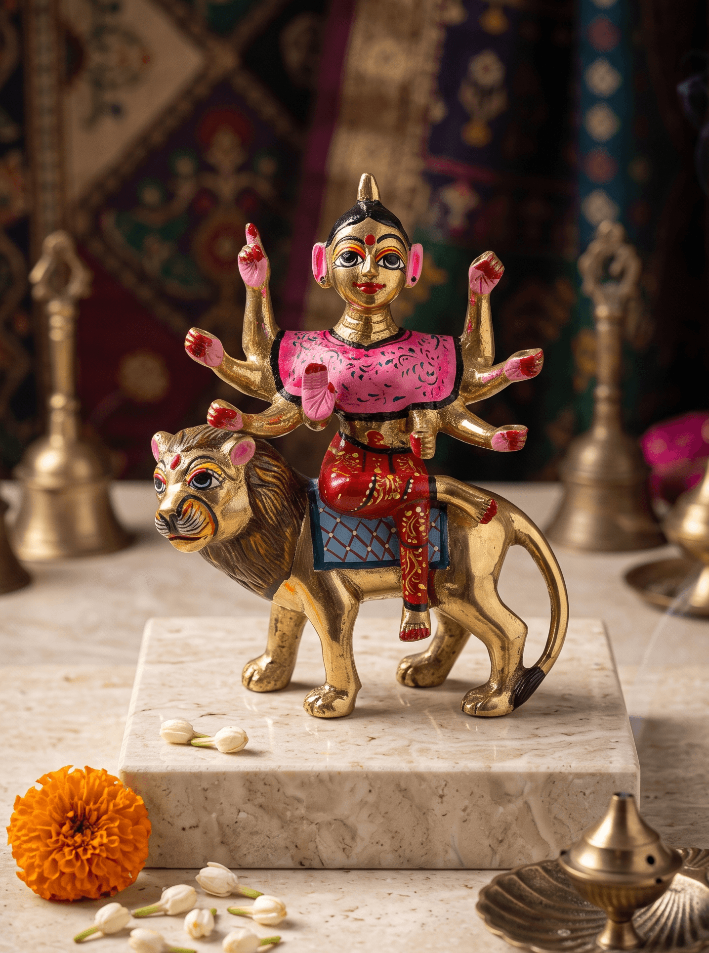 Handcrafted ISKCON Style Hand-Painted Brass Goddess Durga Idol - 7 Inch — image 1