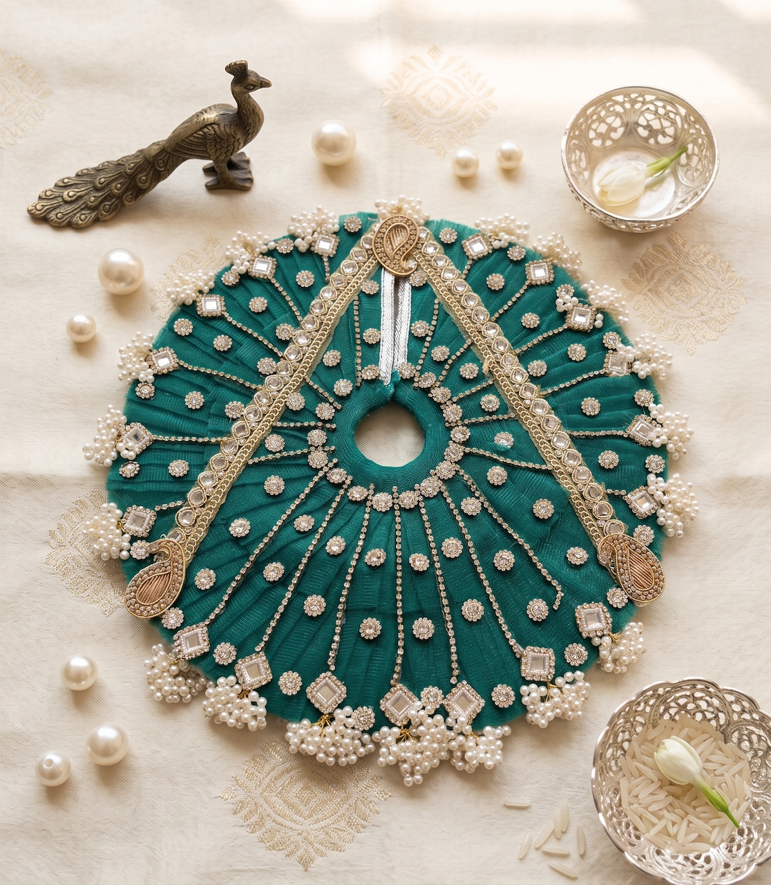 Teal Green Pleated Silk Net Poshak with Heavy Pearl Bunches & Kundan Work for Laddu Gopal — image 2