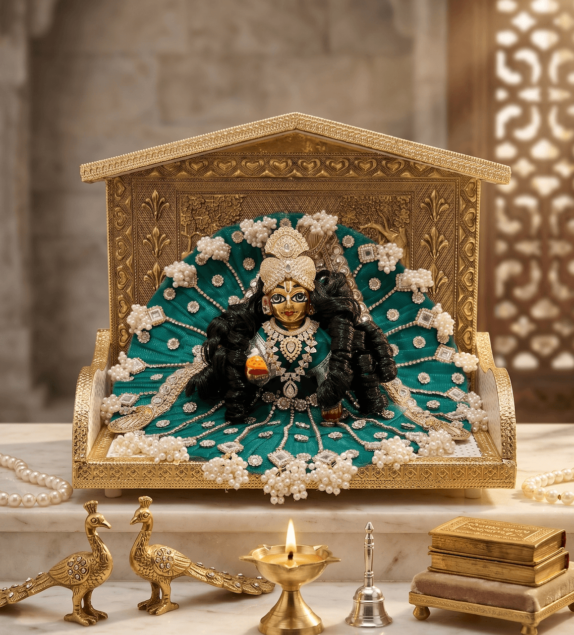 Teal Green Pleated Silk Net Poshak with Heavy Pearl Bunches & Kundan Work for Laddu Gopal — image 1