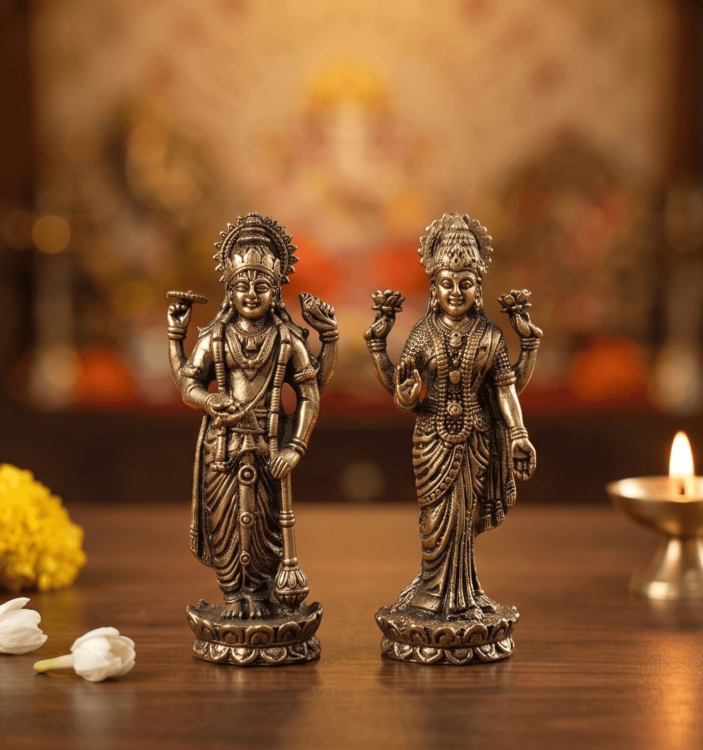 Handcrafted 4 Inch Vishnu Laxmi Superfine Antique Brass Idol Pair