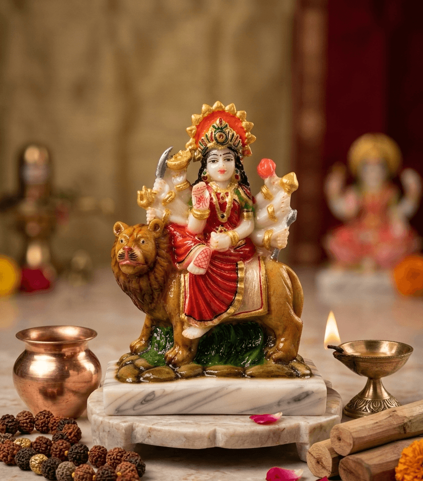 White Marble Dust Maa Durga Idol with Golden Crown — image 1