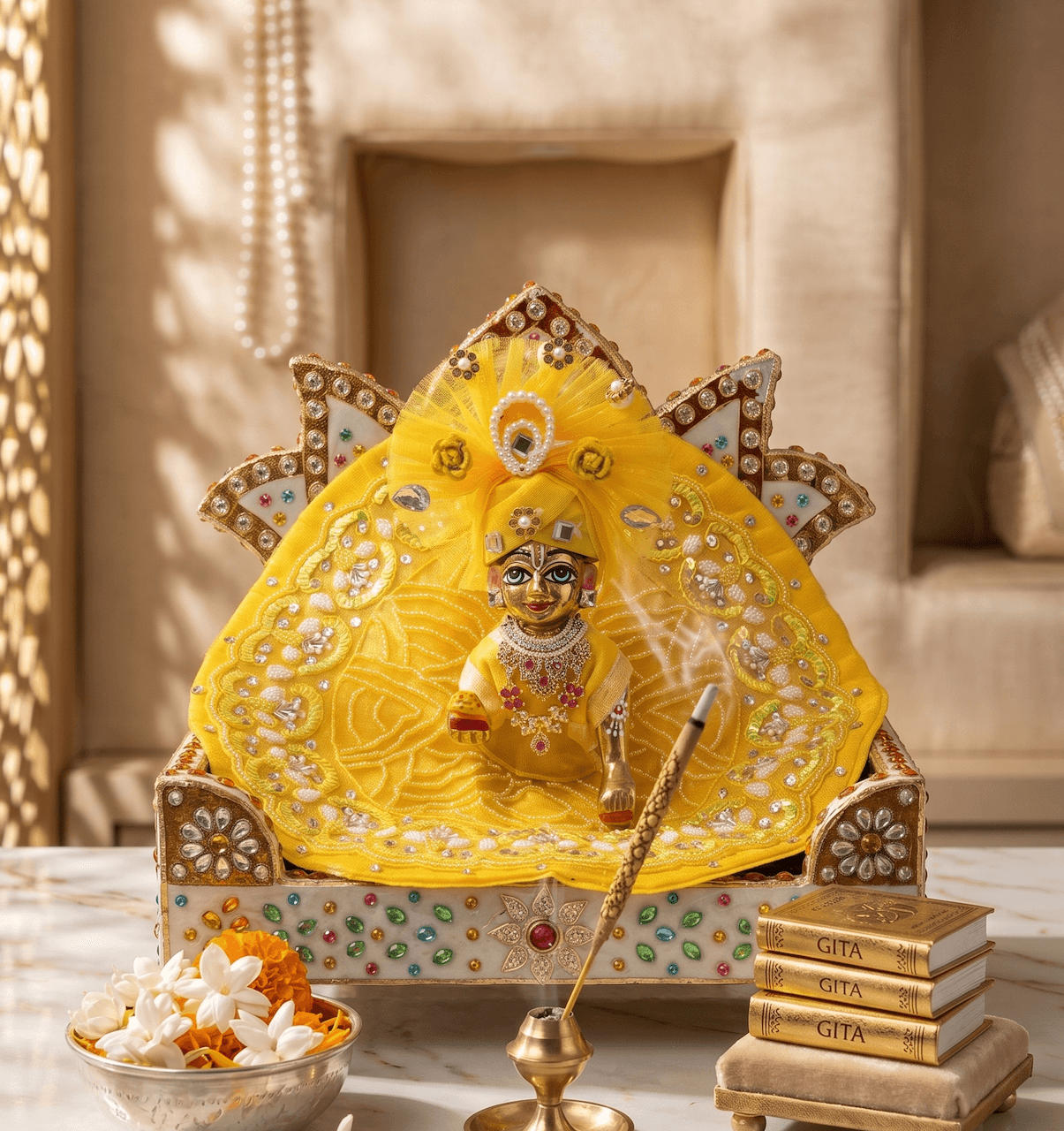 Sunny Yellow Hand-Embroidered Poshak Set with Matching Net Pagr for Laddu Gopal — image 1