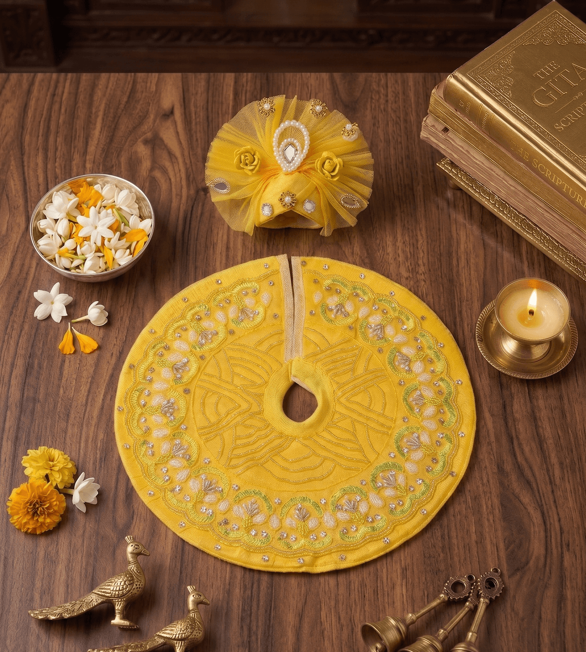 Sunny Yellow Hand-Embroidered Poshak Set with Matching Net Pagr for Laddu Gopal — image 2