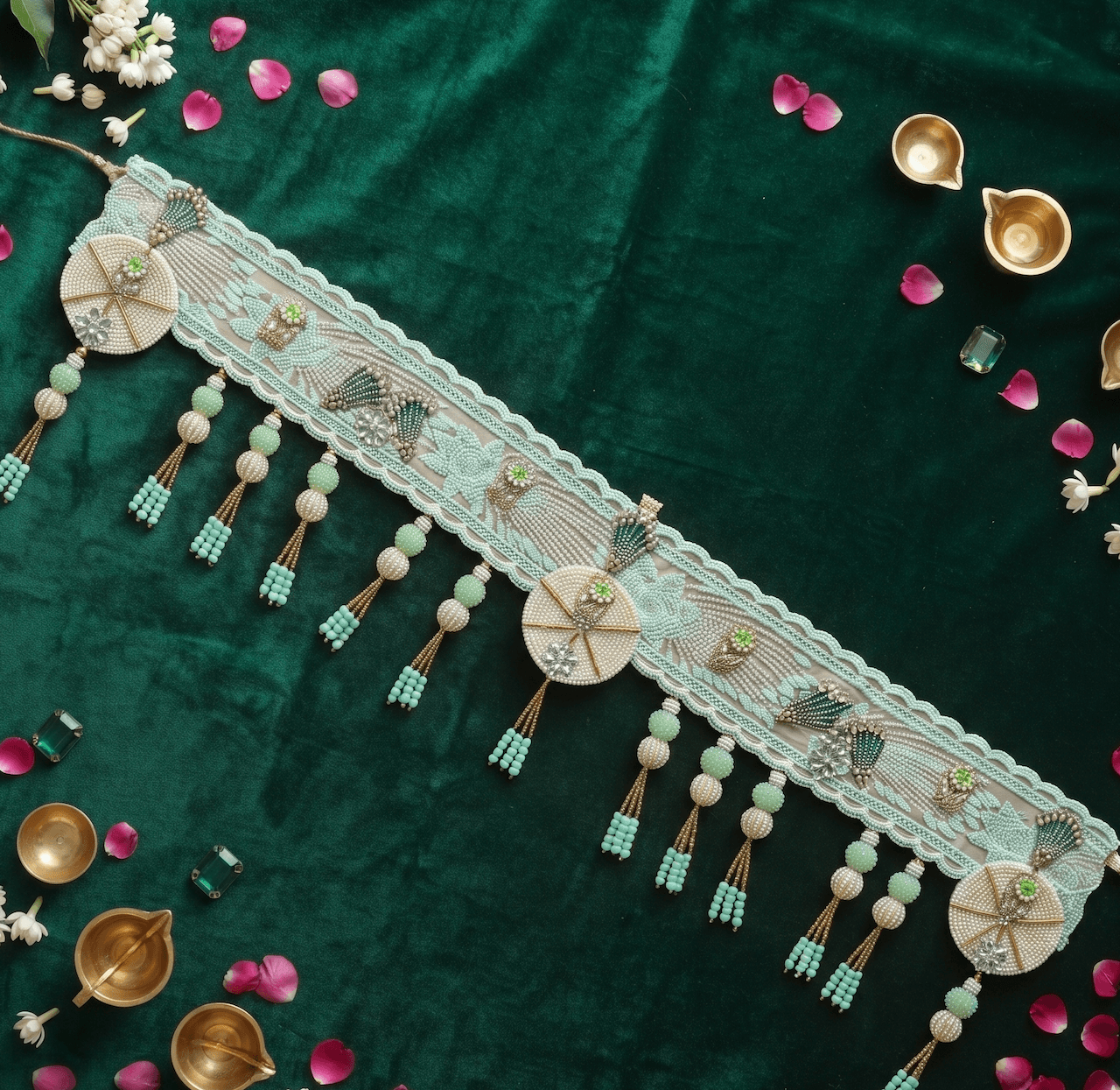 Handcrafted Mint Green & Pearl Beaded Medallion Door Toran / Bandhanwar — image 1