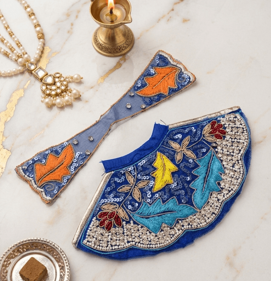 Handcrafted Royal Blue Embroidered Mata Rani Poshak Set — image 1