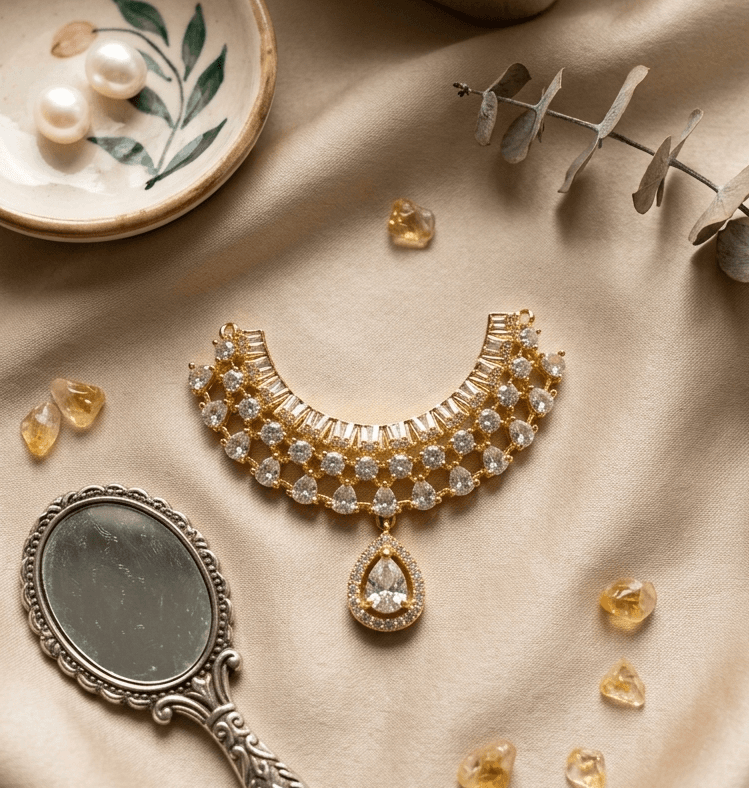 Handcrafted Gold-Plated Tiered Gemstone & AD Deity Choker Necklace for God Idols - Medium / White — image 1