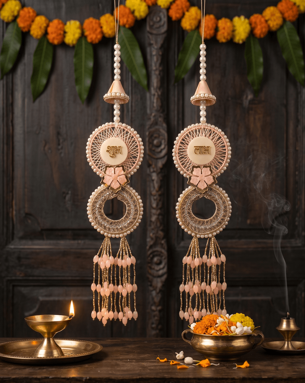 Handcrafted Pastel Peach Shubh Labh Hanging Latkan Pair with Pearl Beads & Gold Threadwork for Main Door Entrance, Festive Diwali & Mandir Decor — image 1