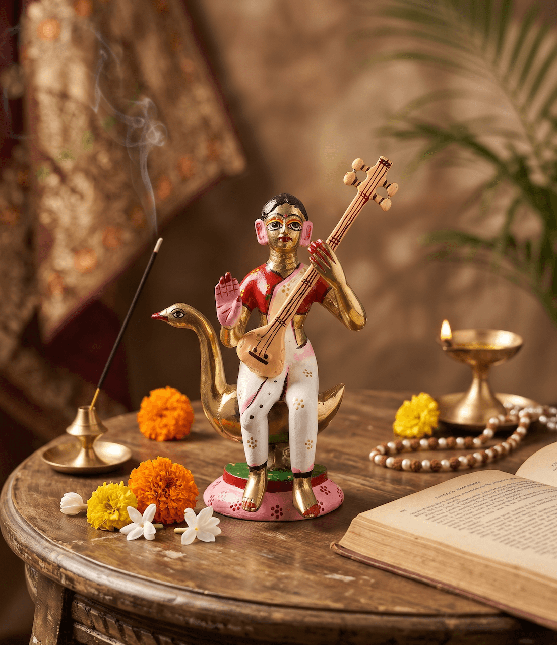 ISKCON Style Hand-Painted Brass Goddess Saraswati Vigraha Idol Seated on Swan (Hamsa) with Veena for Home Mandir, Study Table & Vasant Panchami Pooja