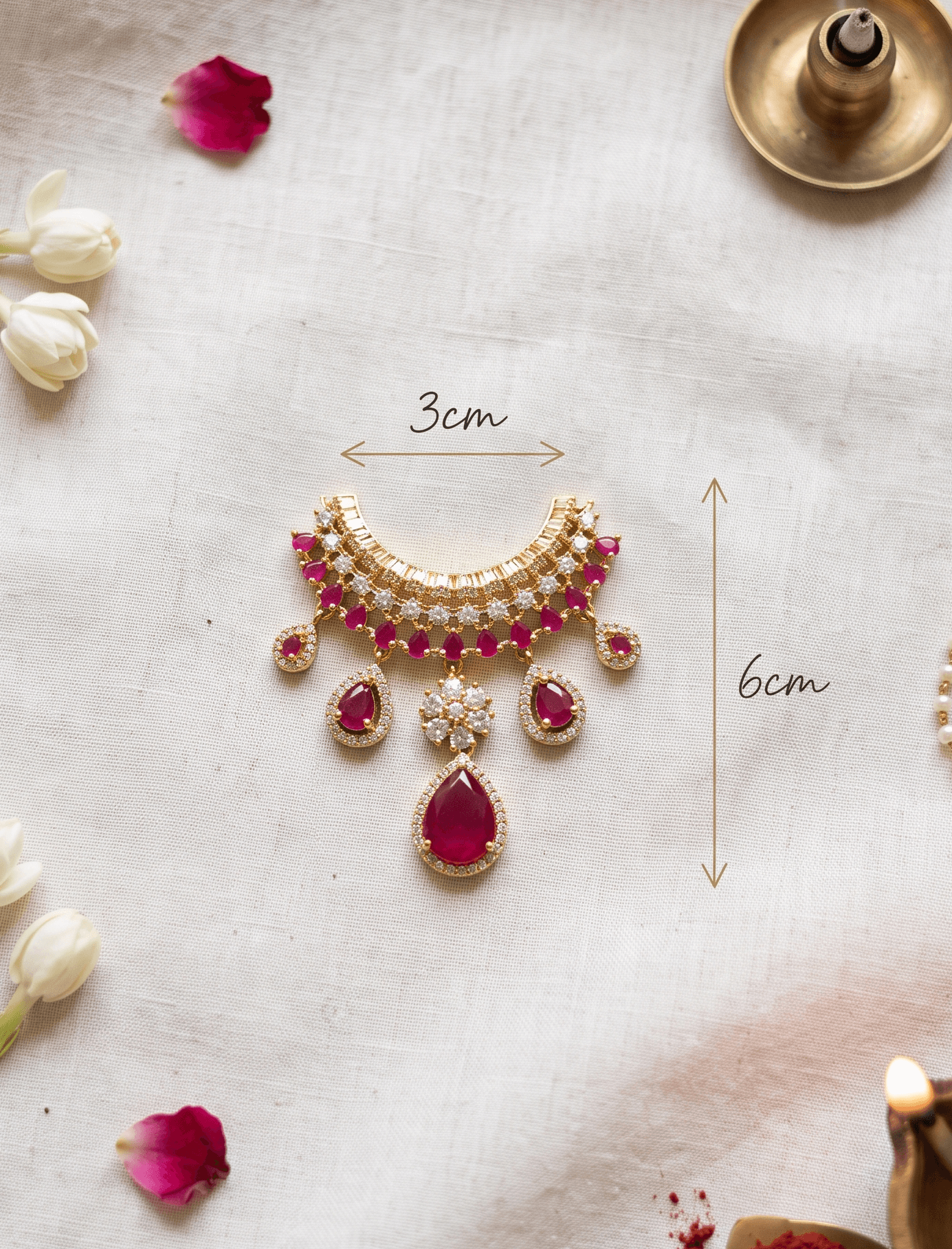 Handcrafted American Diamond (AD) Deity Hasli with Central Floral Motif & Pear Drops - Ruby — image 2