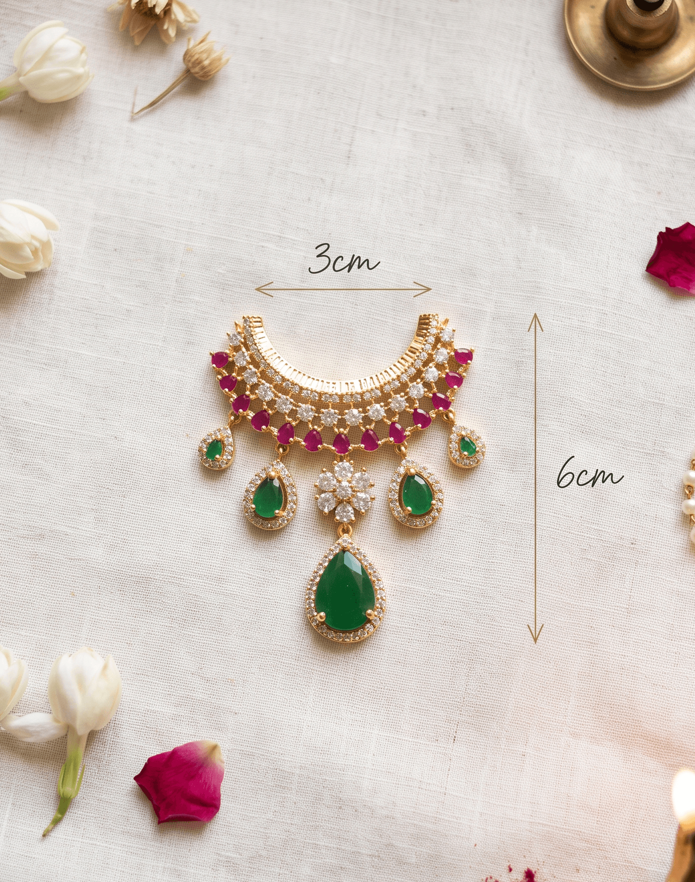Handcrafted American Diamond (AD) Deity Hasli with Central Floral Motif & Pear Drops - Multi — image 2