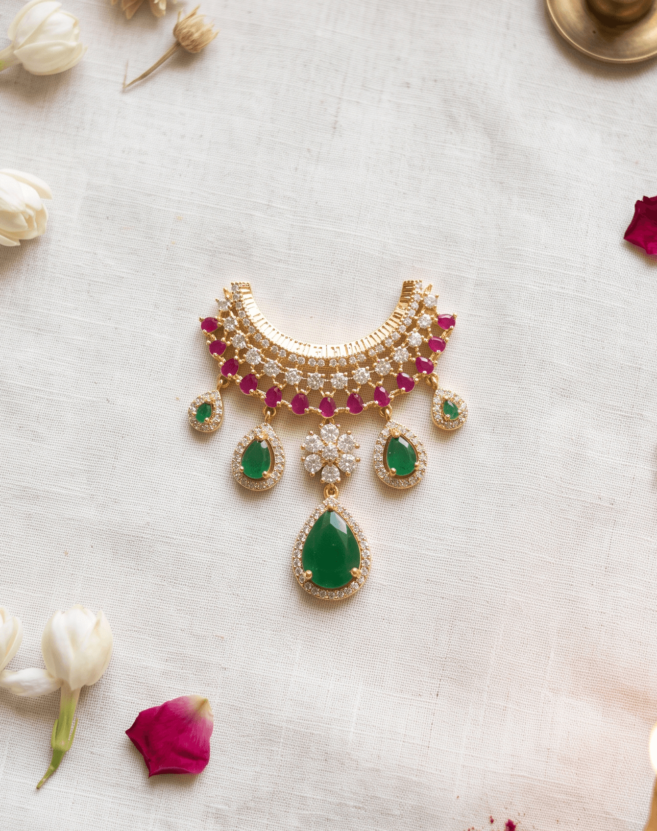 Handcrafted American Diamond (AD) Deity Hasli with Central Floral Motif & Pear Drops - Multi — image 1