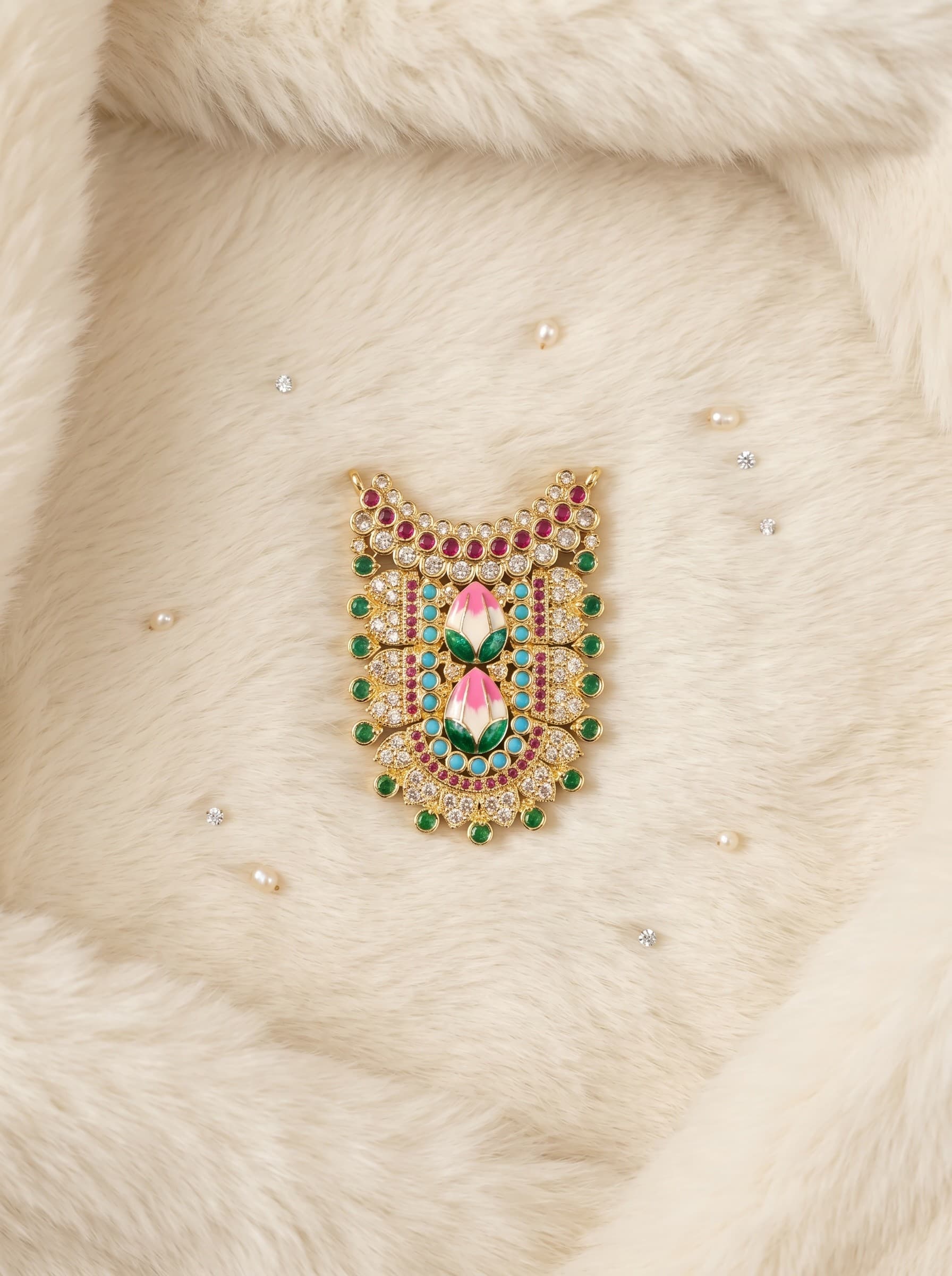Divine Lotus Meenakari Shield American Diamond Necklace — image 1