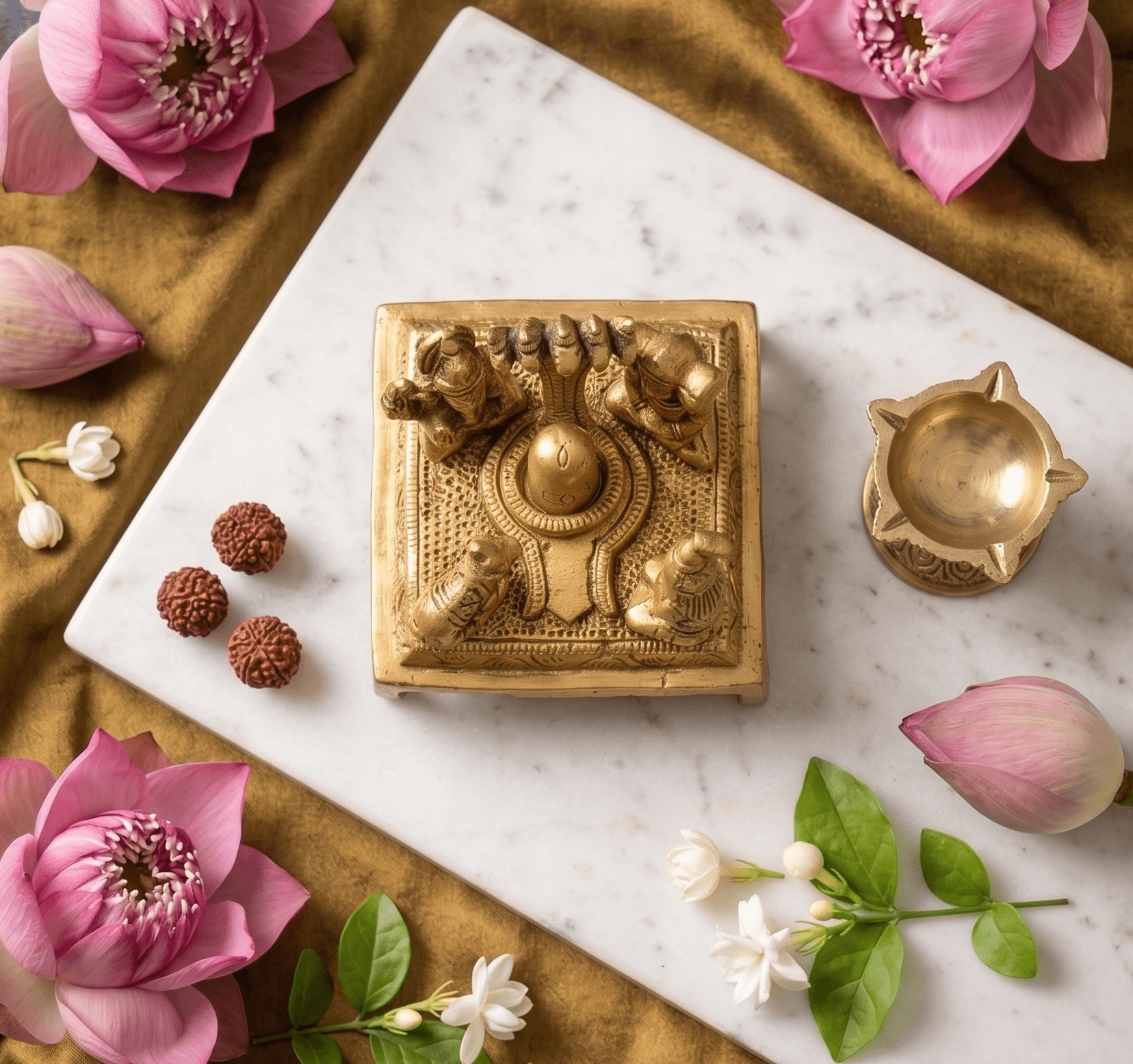 Handcrafted Ashtadhatu Brass Shiva Parivar Shivling Set on Carved Chowki for Home Mandir — image 2