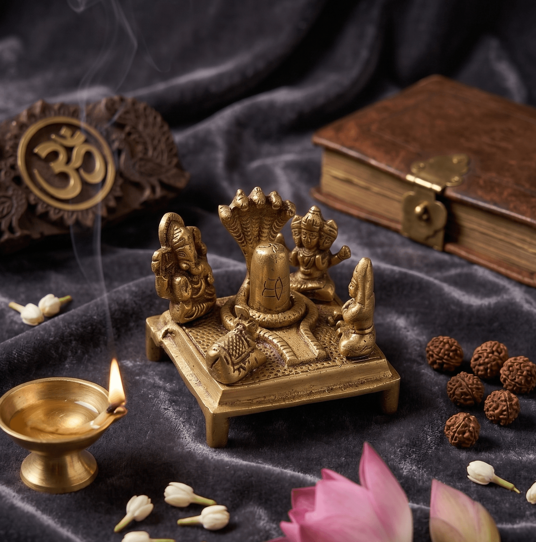 Handcrafted Ashtadhatu Brass Shiva Parivar Shivling Set on Carved Chowki for Home Mandir — image 1