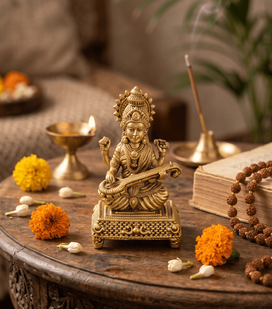 3.5 Inch Superfine Goddess Saraswati Antique Brass Vigraha Idol Seated on Carved Pedestal Base with Veena for Home Mandir, Study Desk & Vasant Panchami Pooja — image 1