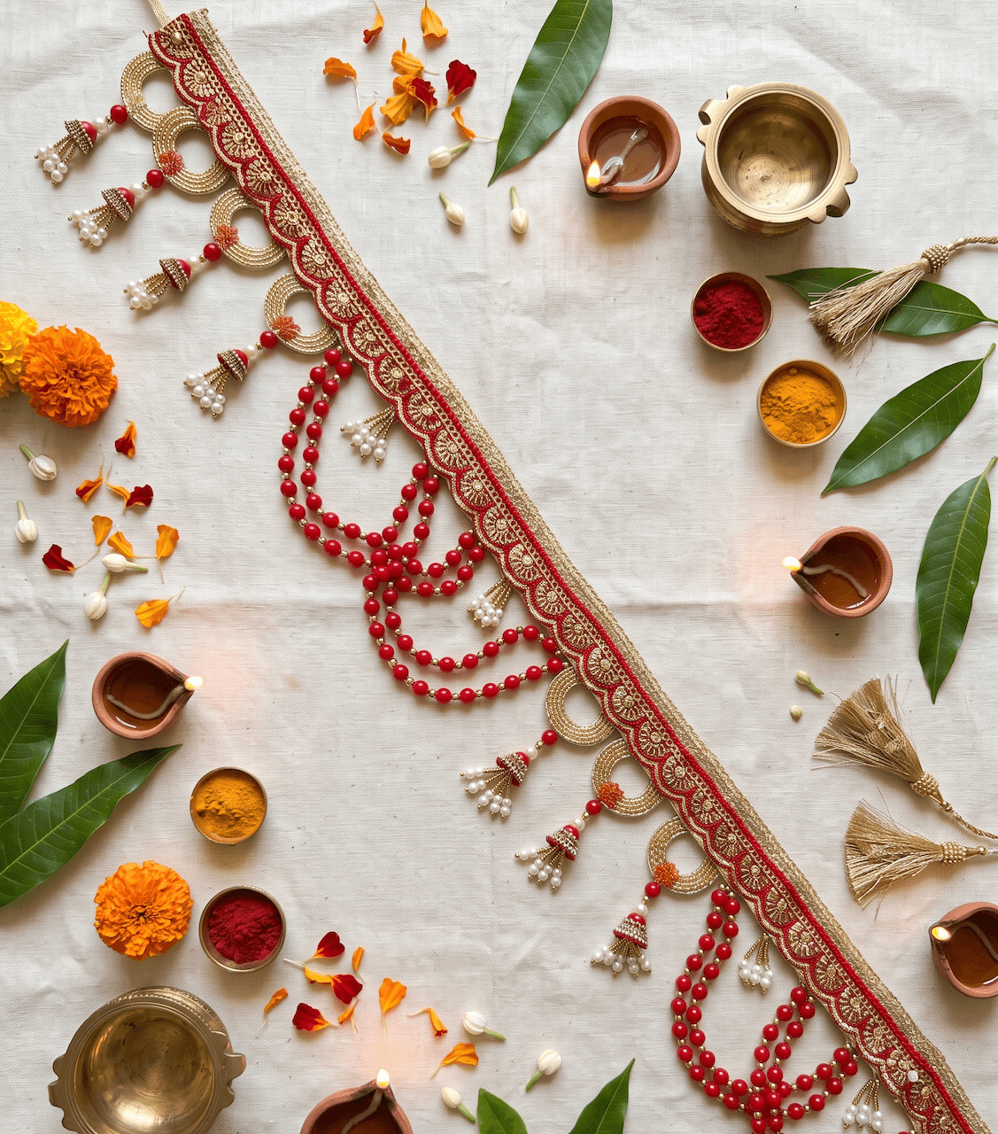Handcrafted Red Bead Garland & Golden Toran / Bandhanwar — image 1