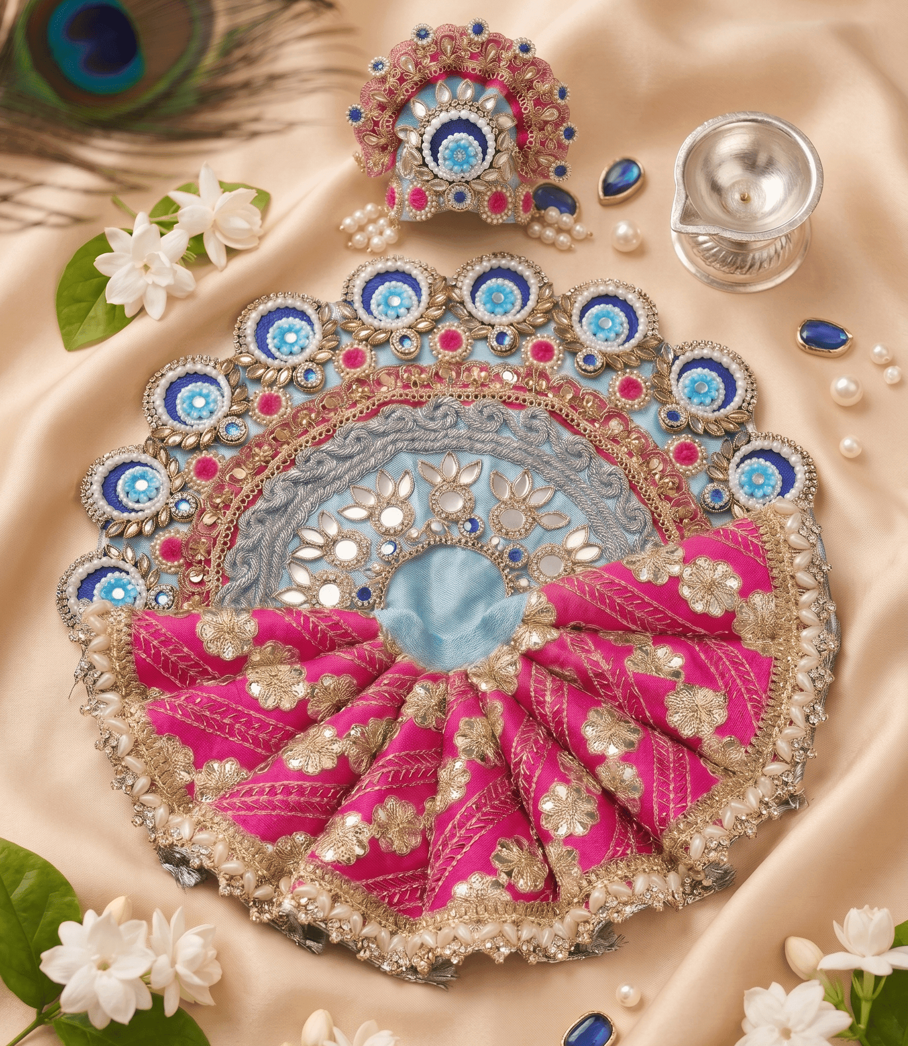 Imperial Fuchsia Peacock Eye Poshak Set with Matching Mukut for Laddu Gopal — image 2