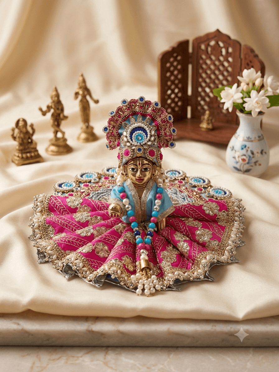 Imperial Fuchsia Peacock Eye Poshak Set with Matching Mukut for Laddu Gopal — image 1