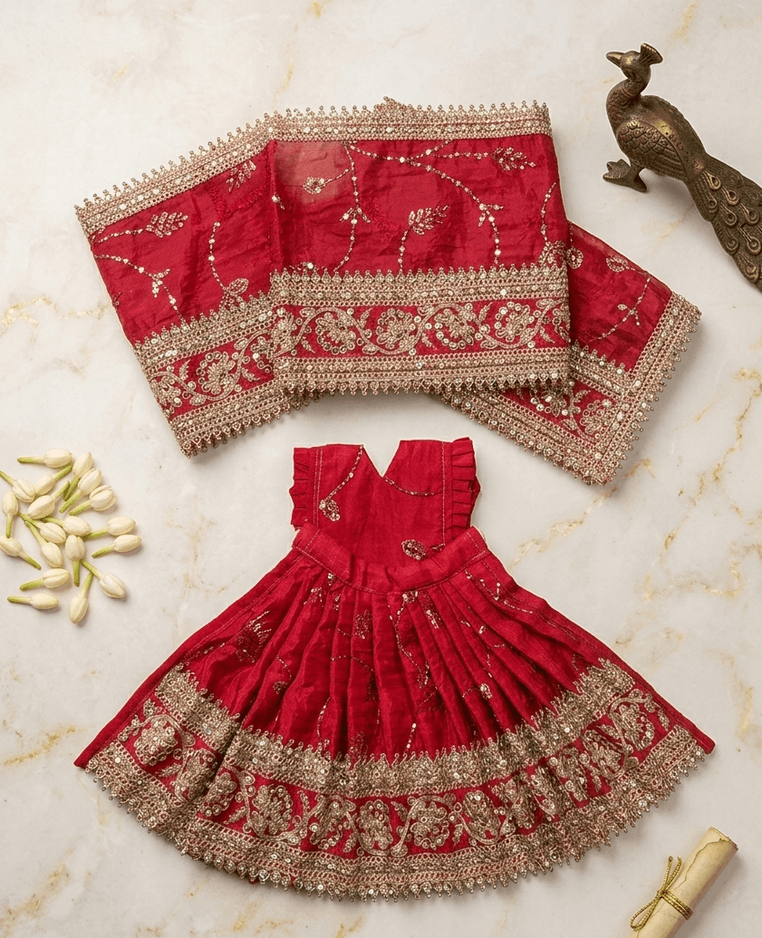 Handcrafted Silk Mata Rani Poshak Set with Heavy Lace & Chunri - 7 Inch / Red — image 1
