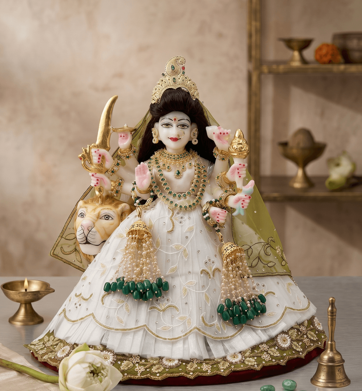 Handcrafted White & Olive Green Embroidered Net Poshak Set for Maa Durga & Mata Rani Idols