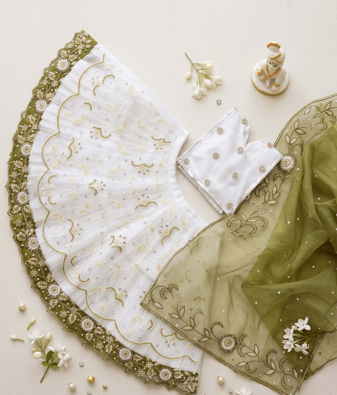 Handcrafted White & Olive Green Embroidered Net Poshak Set for Maa Durga & Mata Rani Idols — image 2