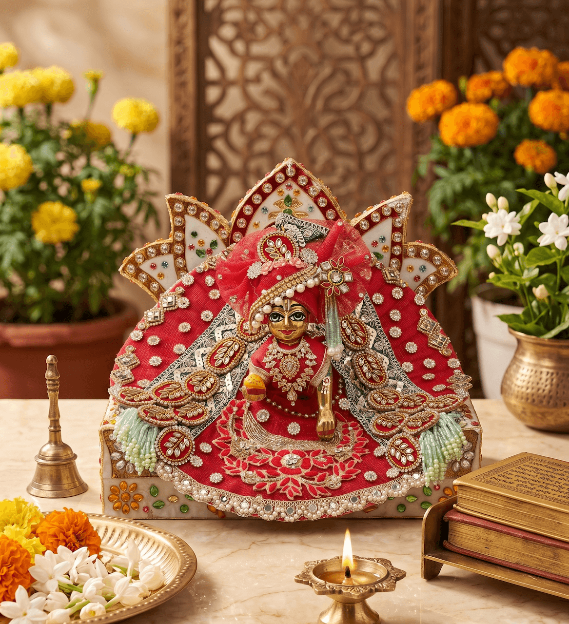 Royal Crimson Red Heavy Peacock Zardozi Poshak Set with Matching Net Pagri for Laddu Gopal — image 1