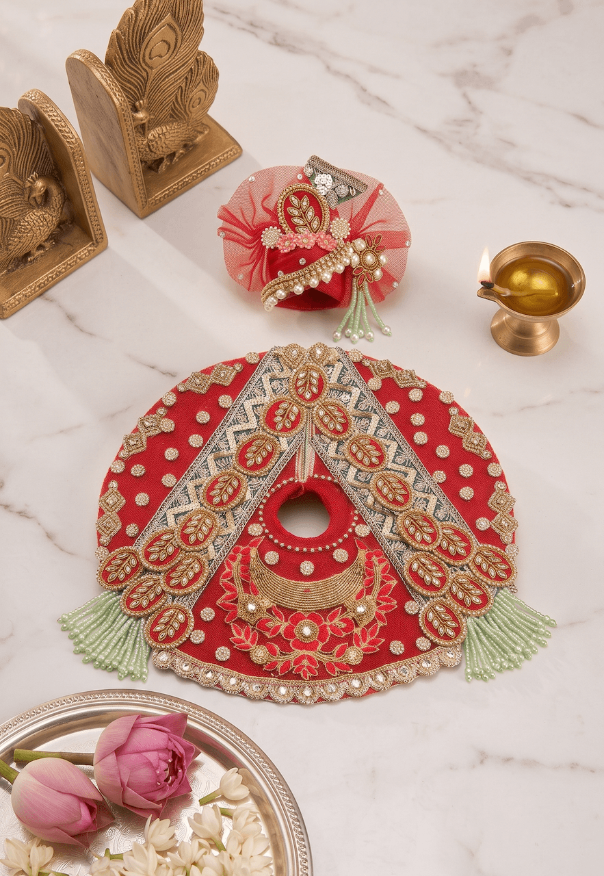 Royal Crimson Red Heavy Peacock Zardozi Poshak Set with Matching Net Pagri for Laddu Gopal — image 2