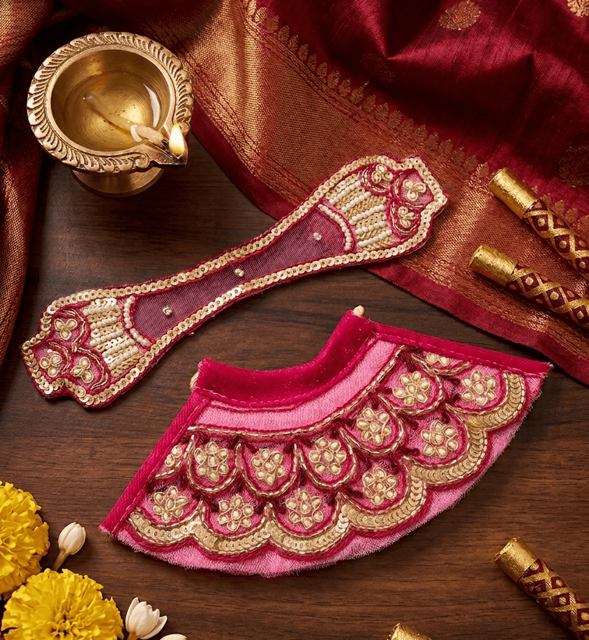 Handcrafted Pink Net Tiered & Scalloped Embroidered Mata Rani Poshak Set — image 1