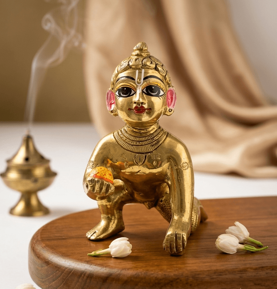 Handcrafted Ashtadhatu Laddu Gopal Idol with Hand-Painted Facial Features & Laddu — image 1