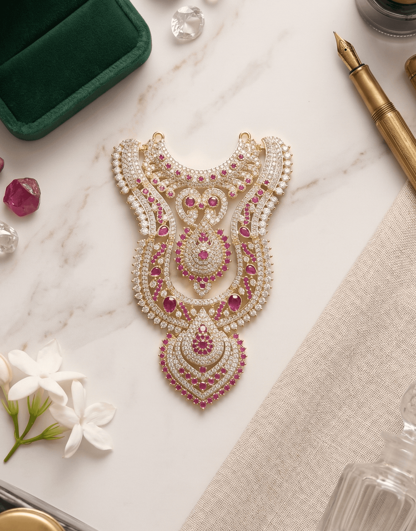 Handcrafted Mayura Padam AD Deity Hasli with Scalloped Heart Medallion - Ruby