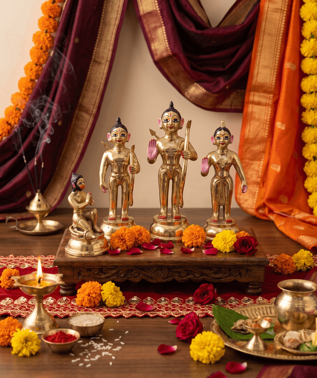 Handcrafted 12 Inch ISKCON Style Brass Ram Darbar Idol Set (Set of 4)