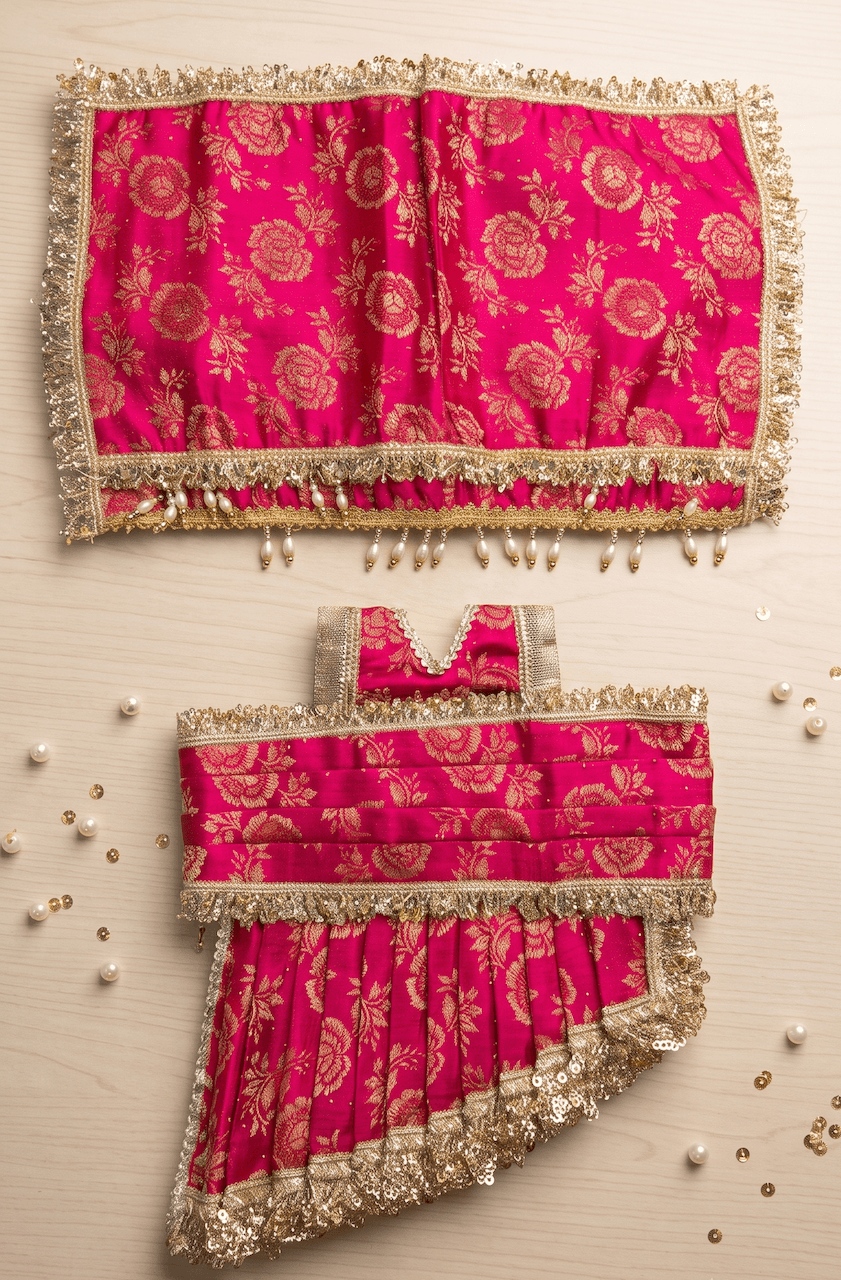 The Sacred Brocade Handcrafted Drape Saree Set for Maa Durga - 9 Inch / Rani Pink — image 1