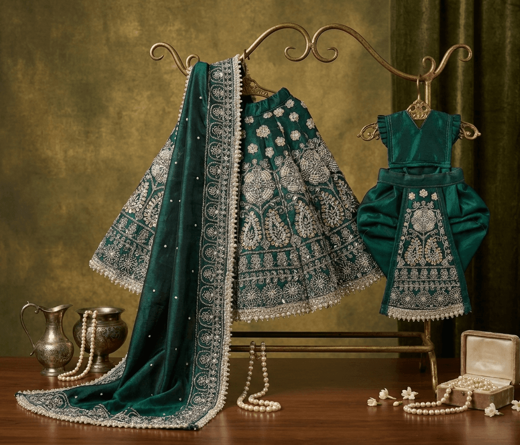 Handcrafted Emerald Green Heavy Zardozi Silk Radha Krishna Poshak Set — image 2