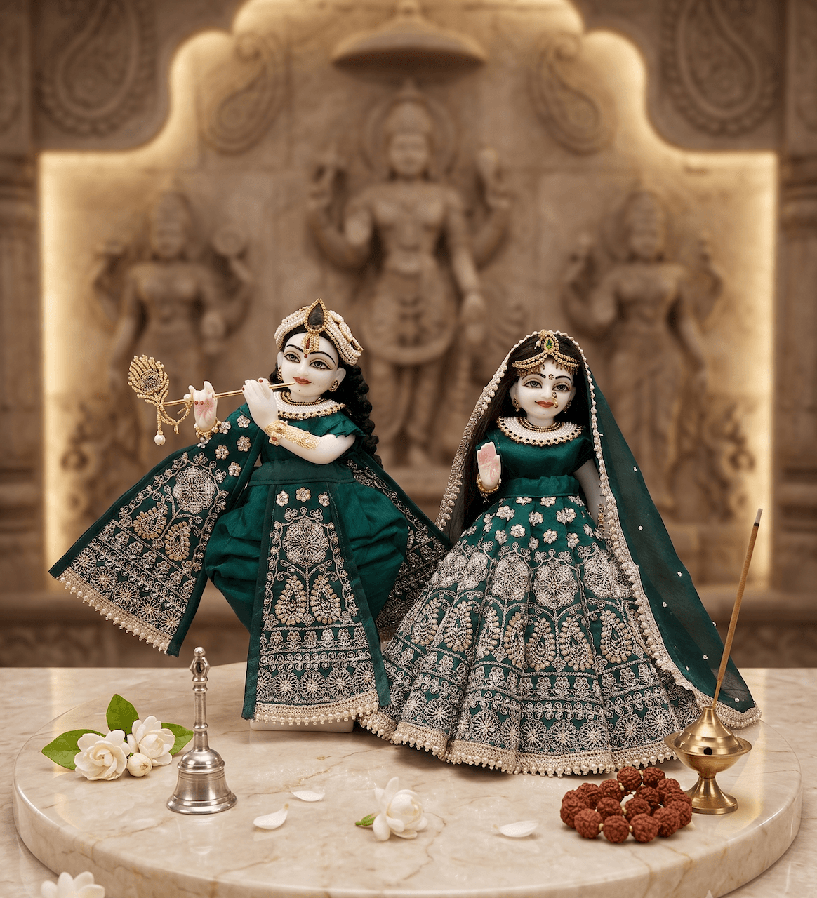 Handcrafted Emerald Green Heavy Zardozi Silk Radha Krishna Poshak Set — image 1