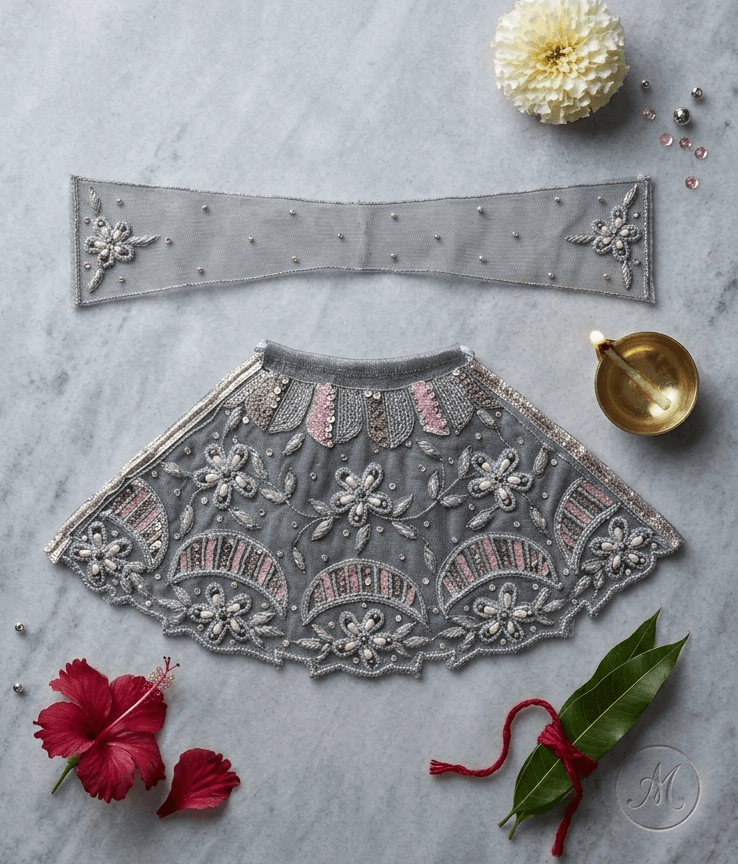 Handcrafted Silver Grey Zardozi & Pearl Mata Rani Poshak Set — image 1