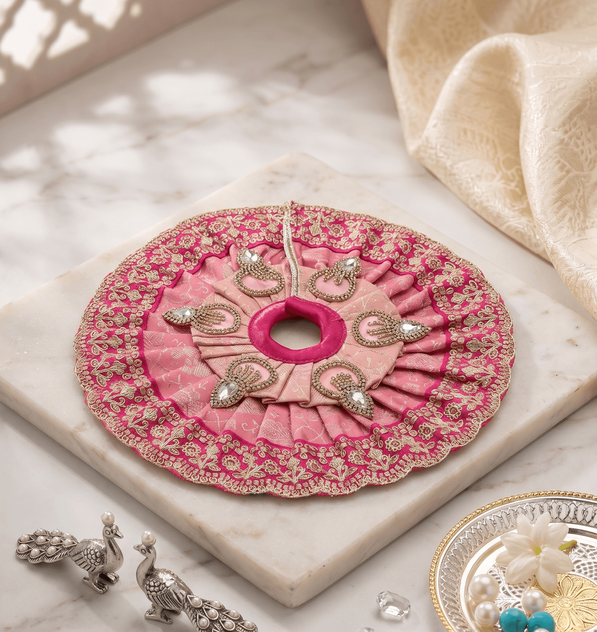 Blushing Pink Dual-Tone Silk Poshak Set with Kundan Stone Motifs for Laddu Gopal — image 2