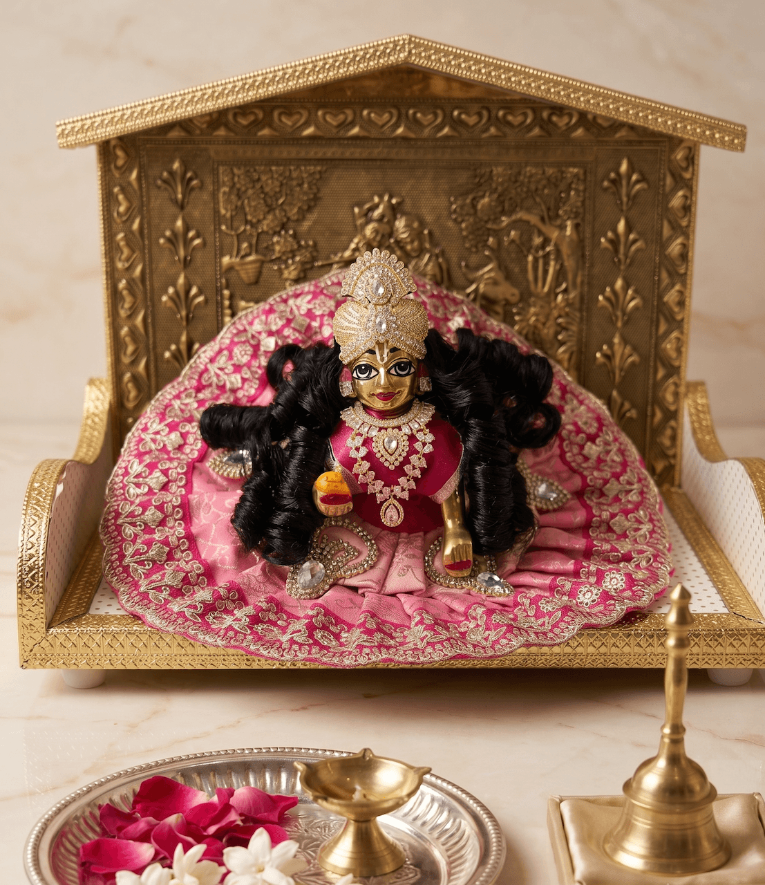 Blushing Pink Dual-Tone Silk Poshak Set with Kundan Stone Motifs for Laddu Gopal — image 1