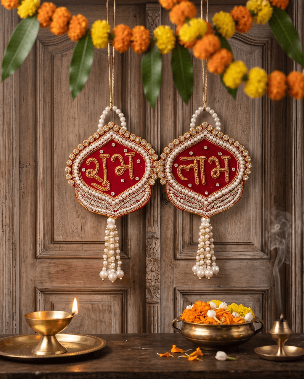 Handcrafted Red Velvet Diamond Medallion Shubh Labh Hanging Latkan Set for Door & Wall Decor — image 1