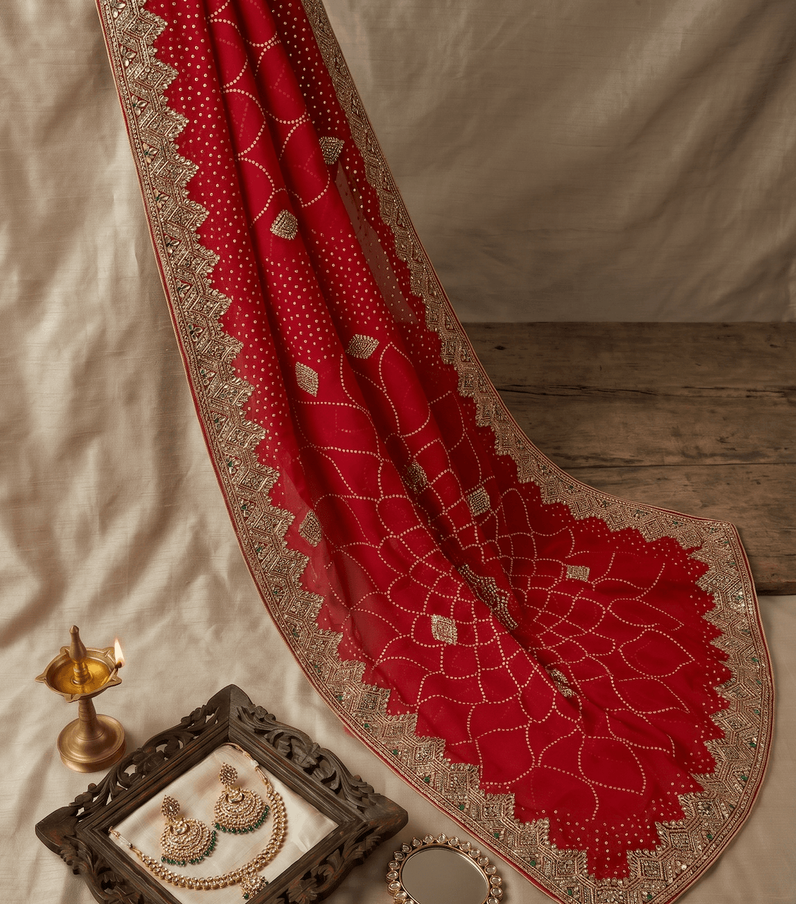 Handcrafted 2.5-Meter Red Bandhani Chunari with Heavy Zardozi Cutwork Border — image 2
